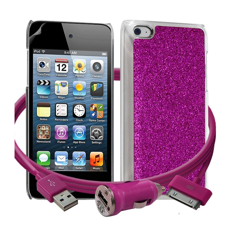 Housse Etui Coque Paillette rose fushia pour Apple iPod Touch 4G + chargeur auto + film