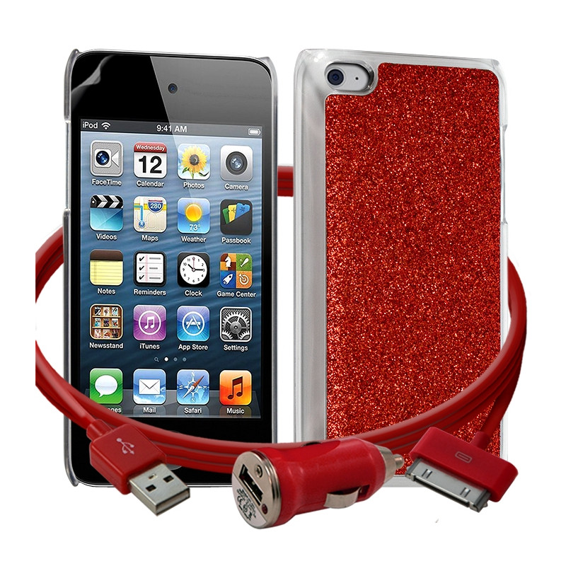 Housse Etui Coque Paillette rouge pour Apple iPod Touch 4G + chargeur auto + film