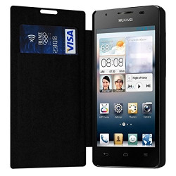 Coque Housse Etui à rabat latéral et porte-carte couleur Noir pour Huawei Ascend G525 + Film de Protection