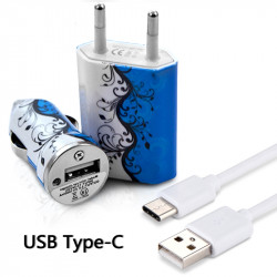 Chargeur Secteur Voiture Câble USB Type C motif HF17 pour ZTE Axon 7