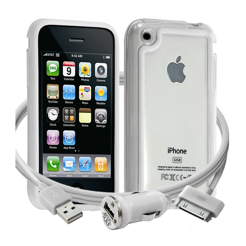 Housse Etui Coque Bumper blanc pour Apple iPhone 3G/3GS + chargeur auto 