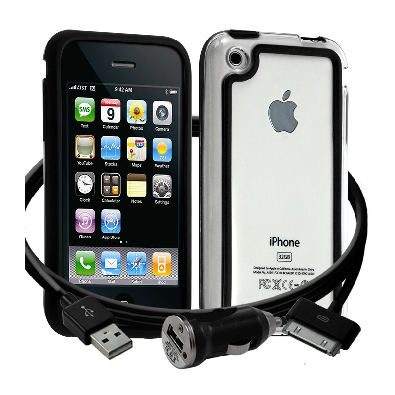 Housse Etui Coque Bumper noir pour Apple iPhone 3G/3GS + chargeur auto 