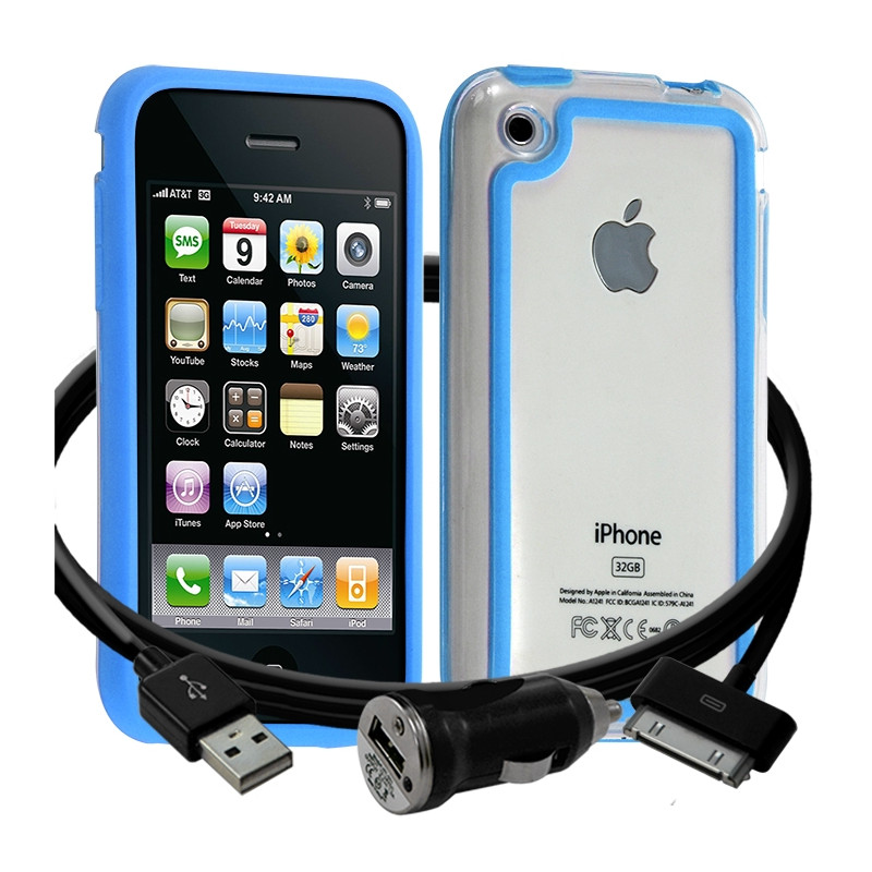 Housse Etui Coque Bumper bleu clair pour Apple iPhone 3G/3GS + chargeur auto 