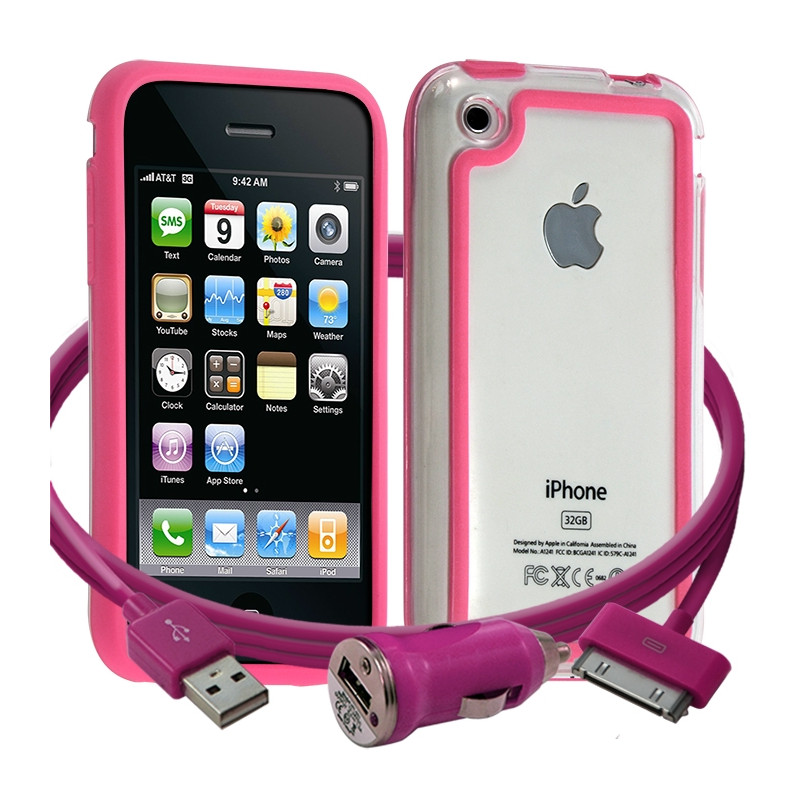 Housse Etui Coque Bumper rose pour Apple iPhone 3G/3GS + chargeur auto 