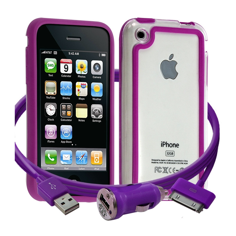Housse Etui Coque Bumper rose fushia pour Apple iPhone 3G/3GS + chargeur auto 