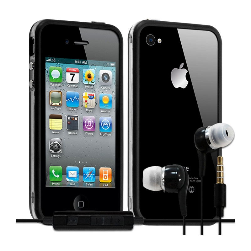 Housse Etui Coque Bumper noir pour Apple iPhone 4/4S + kit piéton
