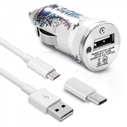 Mini Chargeur 3en1 Auto et Secteur USB avec Câble Data avec Motif HF25 pour ZTE Windows Phone Internet 7
