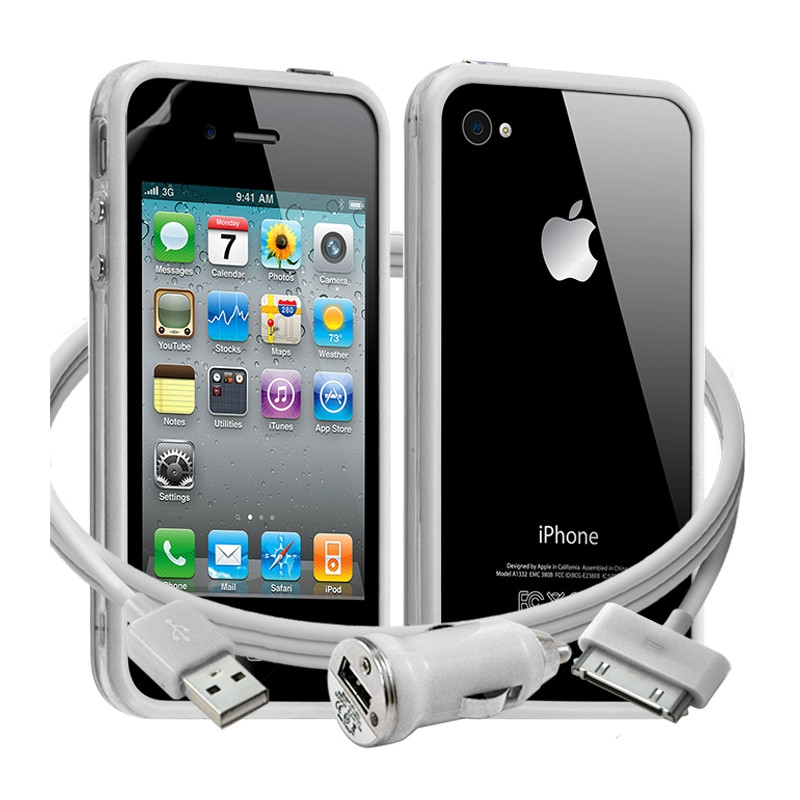 Housse Etui Coque Bumper blanc pour Apple iPhone 4/4S + chargeur auto + film 