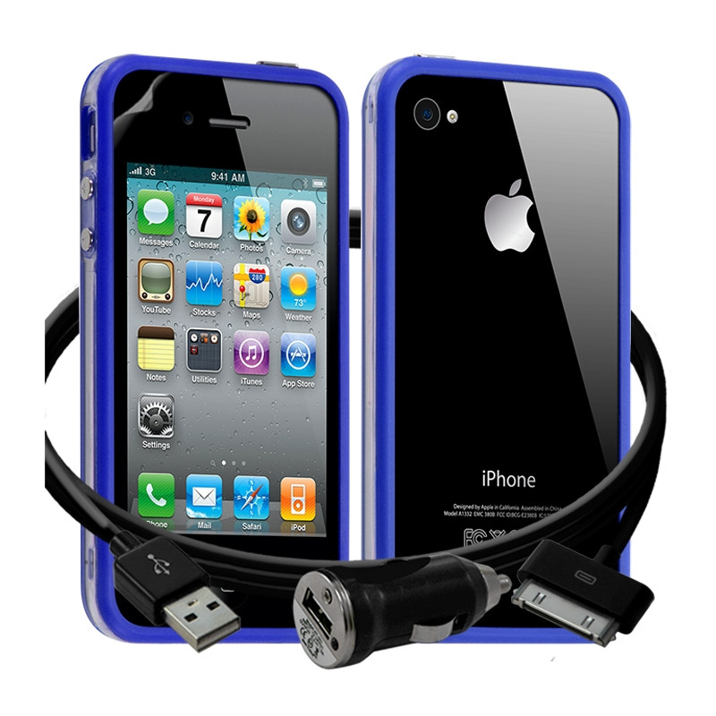 Housse Etui Coque Bumper bleu pour Apple iPhone 4/4S + chargeur auto + film 