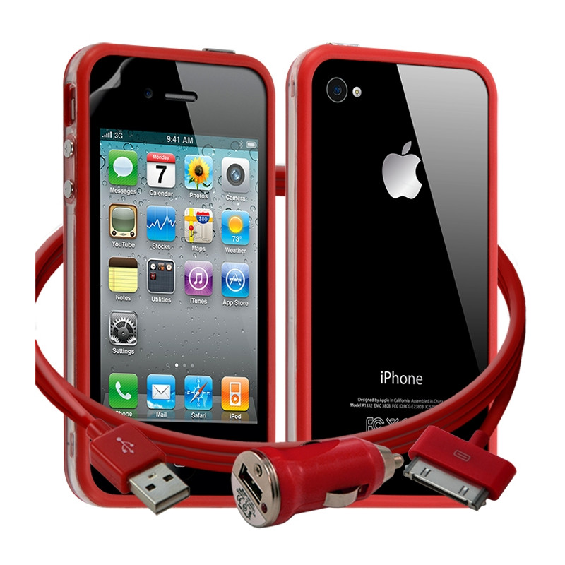 Housse Etui Coque Bumper rouge pour Apple iPhone 4/4S + chargeur auto + film 