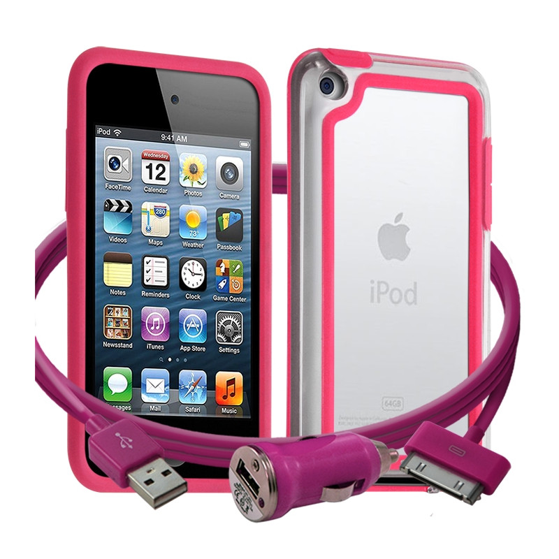 Housse Etui Coque Bumper rose pour Apple iPod Touch 4G + chargeur auto 