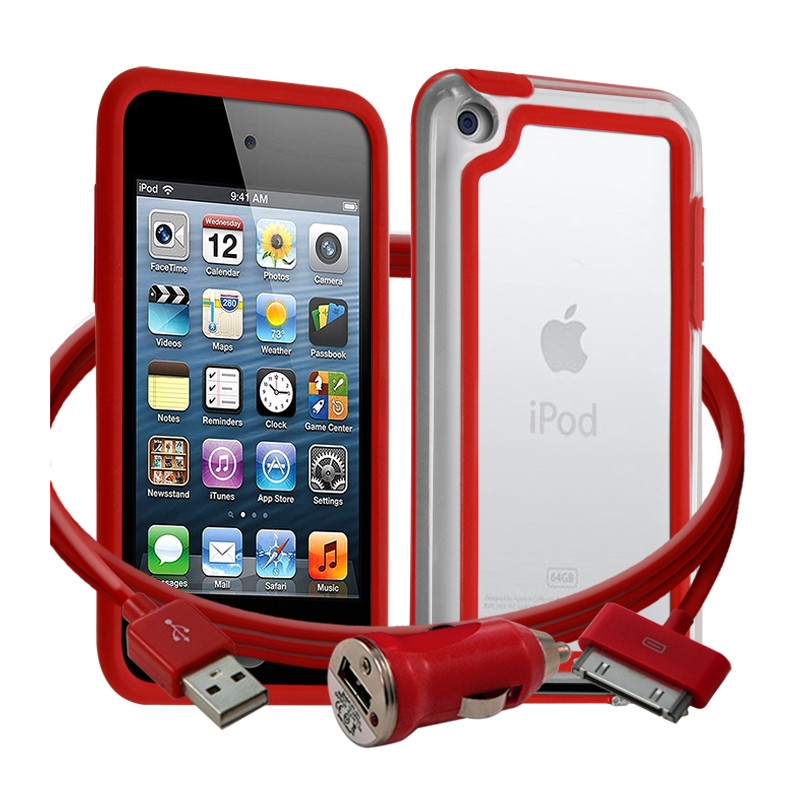 Housse Etui Coque Bumper rouge pour Apple iPod Touch 4G + chargeur auto 