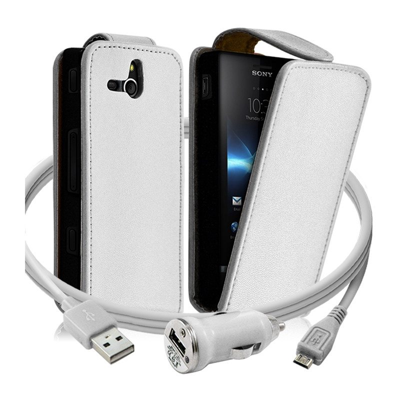 Housse Coque Etui pour Sony Xperia U + chargeur auto Couleur Blanc