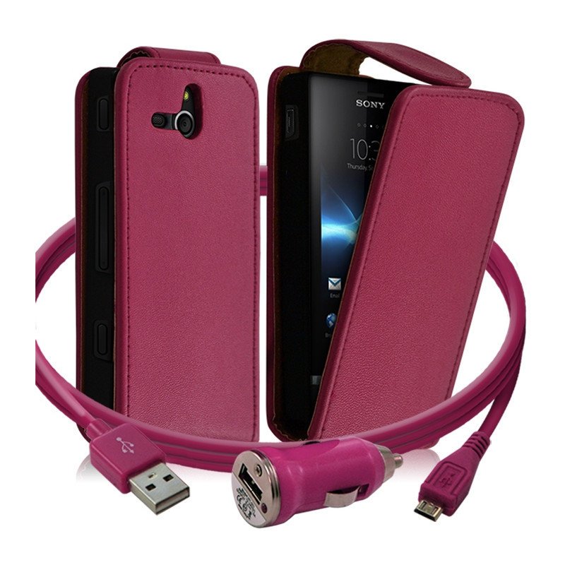 Housse Coque Etui pour Sony Xperia U + chargeur auto Couleur Rose