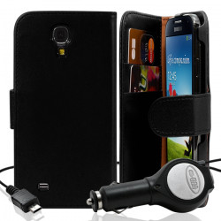 Housse Coque Etui Portefeuille noir pour Samsung Galaxy S4 + chargeur auto