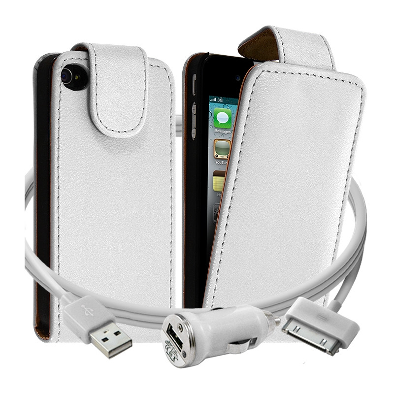 Housse coque Etui blanc pour Apple iPhone 4/4S + Chargeur auto 