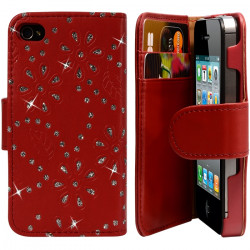 Housse coque Etui Portefeuille pour Apple iPhone 4/4S Style Diamant couleur Rouge + Film
