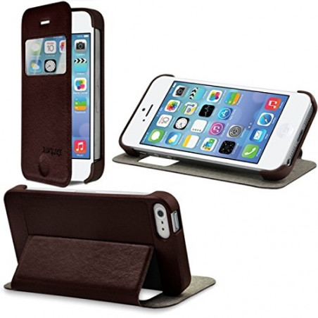 Etui Rigide à Rabat Latéral avec Fenêtre Couleur Marron pour Apple iPhone 5 / 5S + Film