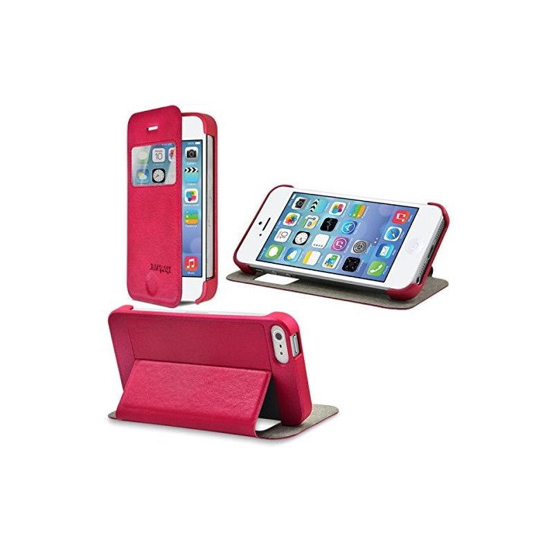 Etui Rigide à Rabat Latéral avec Fenêtre Couleur Rose Fushia pour Apple iPhone 5 / 5S + Film