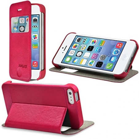 Etui Rigide à Rabat Latéral avec Fenêtre Couleur Rose Fushia pour Apple iPhone 5 / 5S + Film