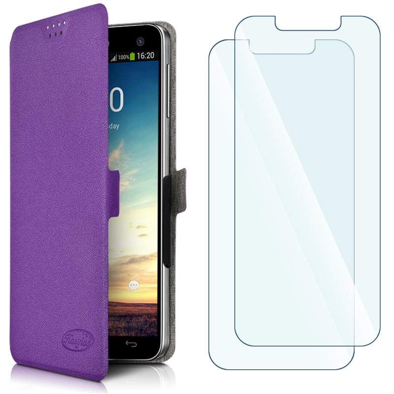 Pack 2 Verres Flexible + Etui à Rabat Universel M Violet pour Google Pixel 4a