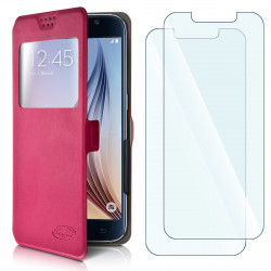 Pack 2 Verres Flexible + Etui S-View Universel M Rose pour Google Pixel 4a