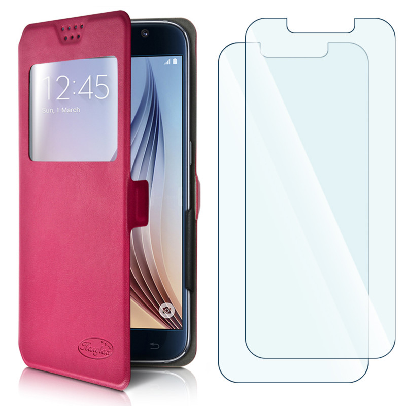 Pack 2 Verres Flexible + Etui S-View Universel S Rose pour LOGICOM Le Smooth FR