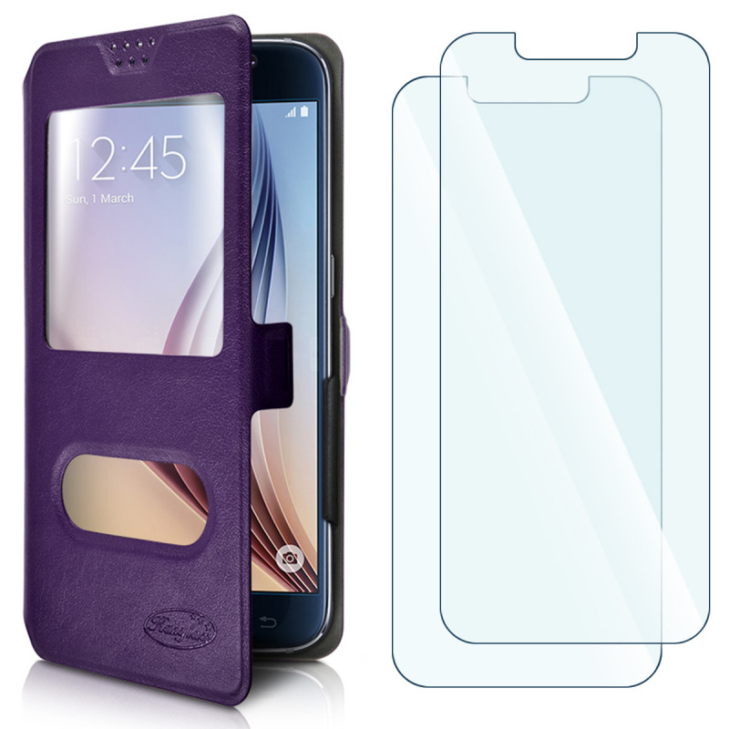 Pack 2 Verres Flexible + Etui double S-View Universel M Violet pour UMIDIGI A1 Pro