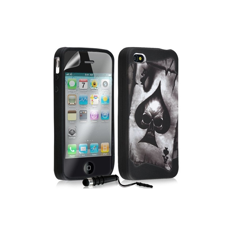 Housse étui coque en gel pour Apple Iphone 4 / 4S avec motifs + mini stylet + film protecteur