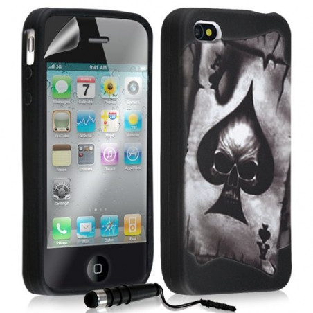 Housse étui coque en gel pour Apple Iphone 4 / 4S avec motifs + mini stylet + film protecteur