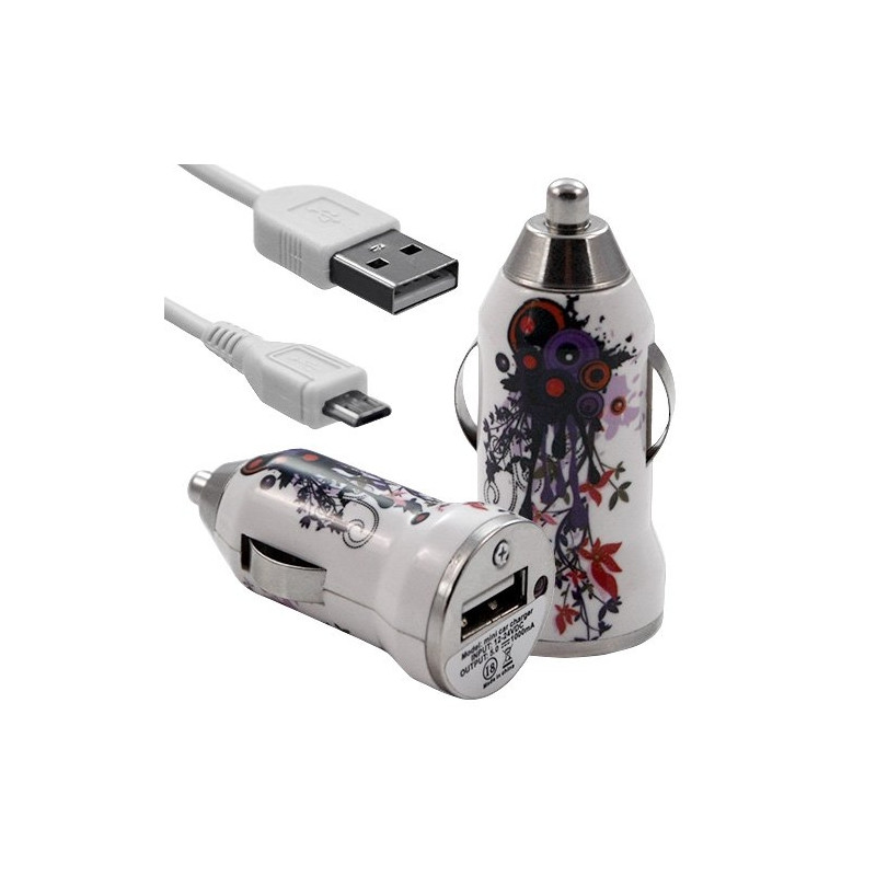 Chargeur voiture allume cigare USB avec câble data avec motif HF12 pour Sony : Xperia J / Xperia P / Xperia S / Xperia T / Xper