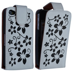 Housse étui coque pour Apple Iphone 4 couleur blanc motif fleurs + film protecteur ecran