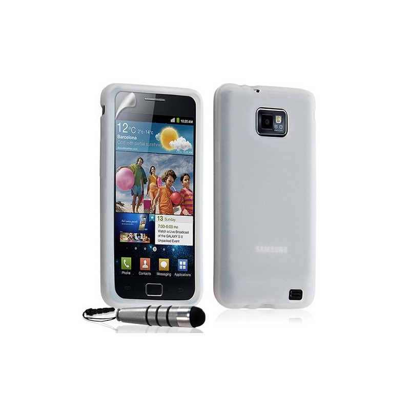 Housse étui coque en silicone pour Samsung Galaxy S2 couleur blanc translucide + Mini stylet + Film protecteur