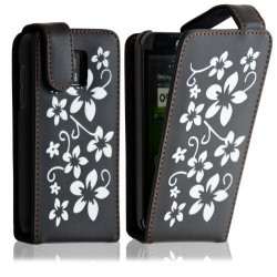 Housse coque etui pour LG Optimus 2X motif fleurs couleur noir + film protecteur