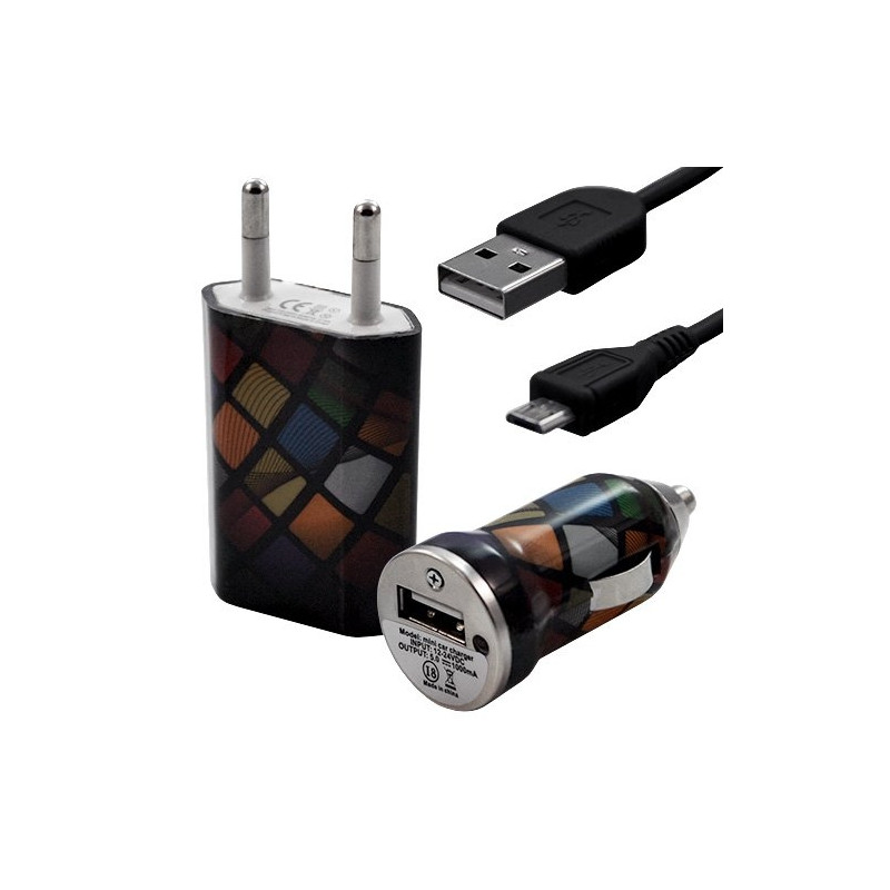 Mini Chargeur 3en1 Auto et Secteur USB avec câble data avec motif CV02 pour Sony : Xperia J / Xperia P / Xperia S / Xperia T / 