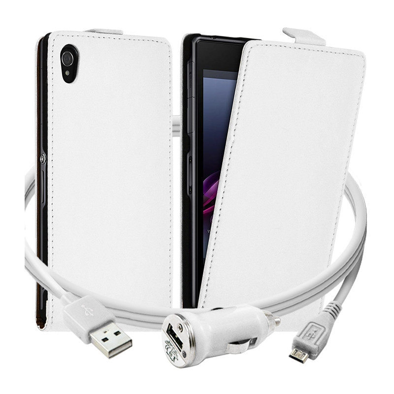 Housse coque Etui Blanc pour Sony Xperia Z1 + Chargeur Voiture Auto