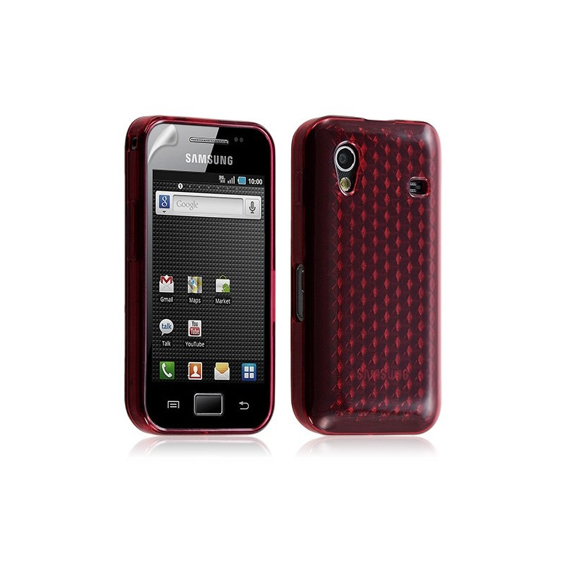 Housse coque gel damier transparent Samsung Galaxy Ace S5830 couleur rouge + film