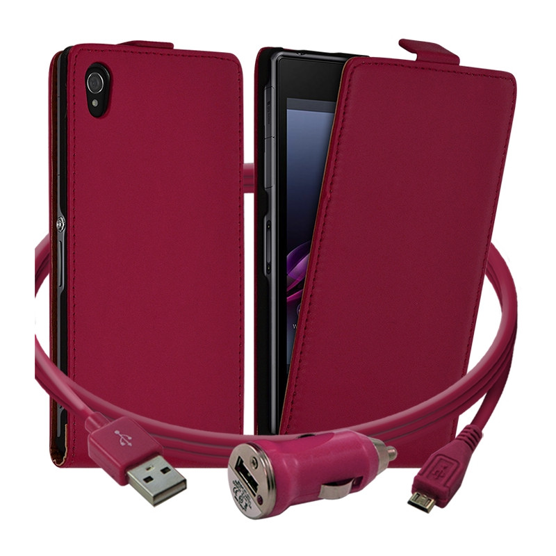 Housse coque Etui Rose Fushia pour Sony Xperia Z1 + Chargeur Voiture Auto