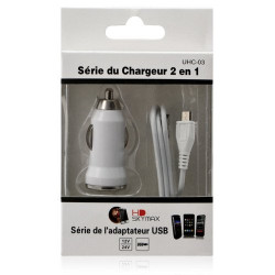 Chargeur voiture allume cigare USB + Cable data couleur blanc pour Alcatel, Acer, Archos, Asus, Yezz, HTC, Huawei, LG, Meizu… 