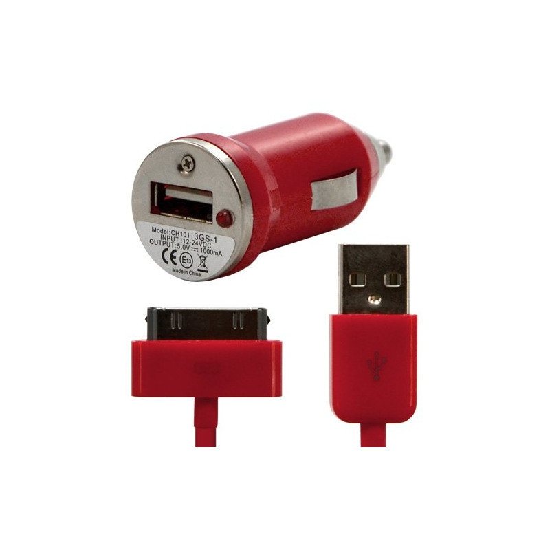 Chargeur voiture allume cigare + Cable data rouge pour Apple :  iPhone 3GS / iPhone 4 / iPhone 4