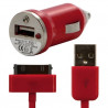 Chargeur voiture allume cigare + Cable data rouge pour Apple :  iPhone 3GS / iPhone 4 / iPhone 4