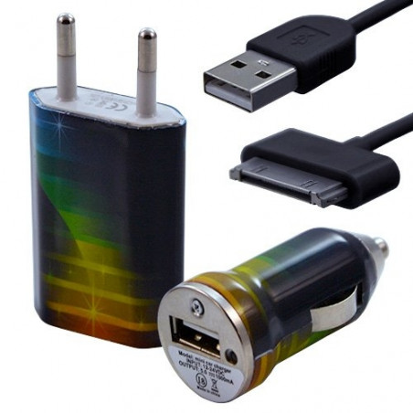 Mini Chargeur 3en1 Auto et Secteur USB avec câble data avec motif CV06 pour Apple : iPod 2 / iPod 4G / iPod 5G / iPod Photo / i