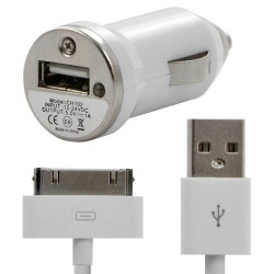 Chargeur voiture allume cigare USB + Cable data couleur blanc pour Apple : iPhone / iPhone 3G / iPhone 3GS / iPhone 4 / iPhone 4
