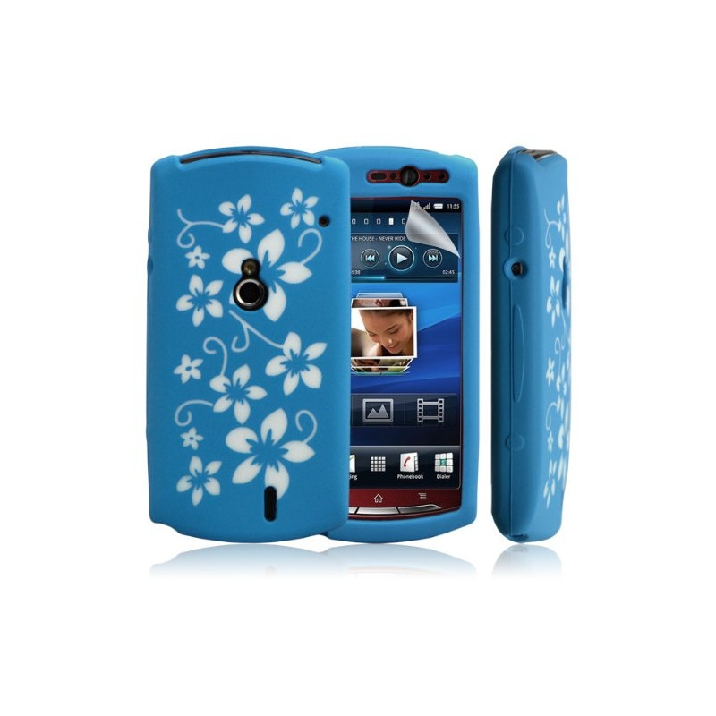 Housse coque étui en silicone pour Sony Ericsson Xperia Kyno motif fleurs couleur bleu + Film protecteur