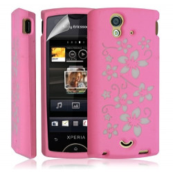 Coque étui housse en Silicone pour Sony Ericsson Xperia Ray motif fleur couleur rose + film écran