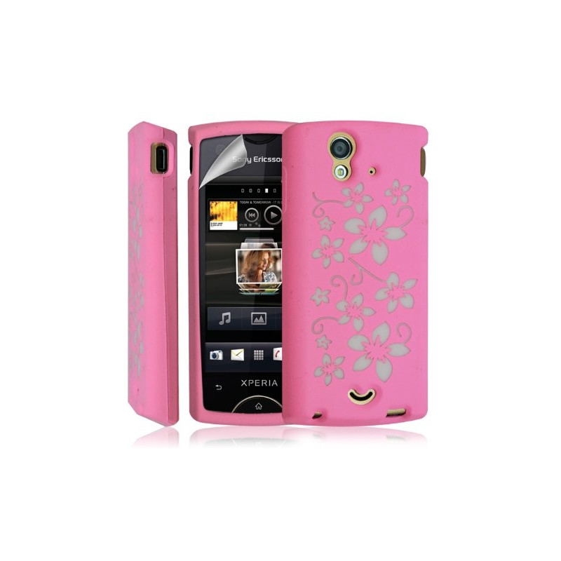 Coque étui housse en Silicone pour Sony Ericsson Xperia Ray motif fleur couleur rose + film écran