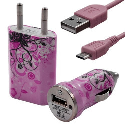 Mini Chargeur 3en1 Auto et Secteur USB avec câble data avec motif HF17 pour HTC : 7 Mozart / 7 Trophy / 8S Windows Phone / 8X W