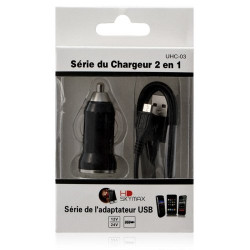 Chargeur voiture allume cigare USB + Cable data couleur noir pour LG : BL20 NewChocolate / BL40 NewChocolate / E900 Optimus 7 / 