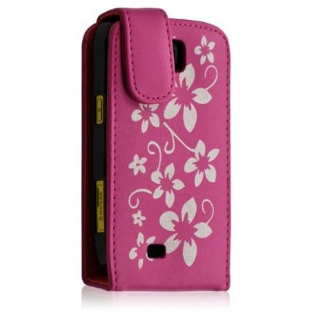 Housse coque étui pour Samsung Galaxy Mini s5570 motif fleurs couleur rose fuchsia + film de protection