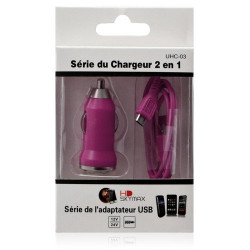 Chargeur voiture allume cigare USB + Cable data couleur rose fushia pour Acer : Liquid Express / Liquid mini E310 / Liquid mt / 